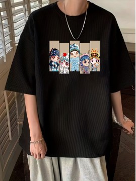 Chinese Opera Face Graphic Casal Sports T-shirt, Round Neck Short Sleeves Workout Top, Women's Activewear