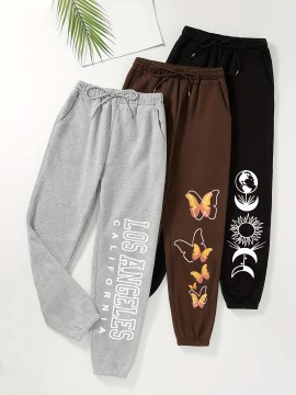 3pcs Printed Casual Sweatpants, Drawstring Elastic Waist Jogger Running Pants, Women's Athleisure
